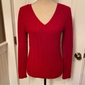 LAUREN RALPH LAUREN SWEATER V-NECK V-BACK RED CASHMERE CABLE Tagged XL Fits M